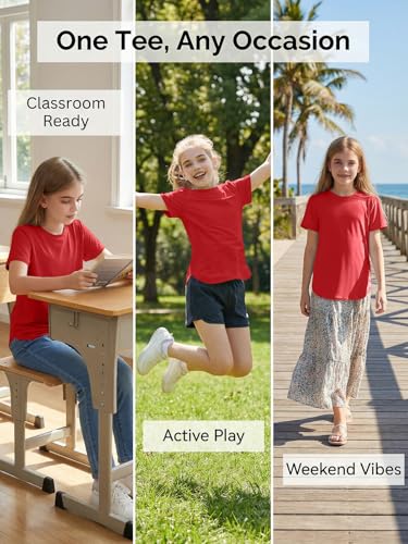 Girls Athletic Short Sleeve Tunic Tops - Red, 9-10 Years