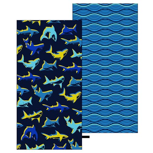 Microfiber Beach Towel - Bright Yellow Blue Shark Design - Dark Blue Shark