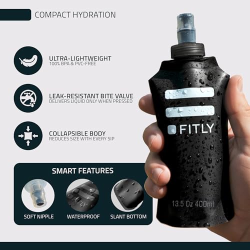 FITLY Soft Collapsible Running Water Bottle - Black, 13.5oz