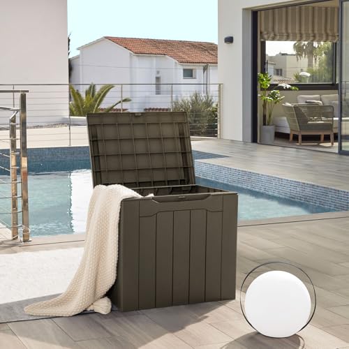 JUMMICO 31 Gallon Resin Deck Box Waterproof Indoor Outdoor Storage Boxes for Patio Furniture Cushions and Garden Tools (Brown)