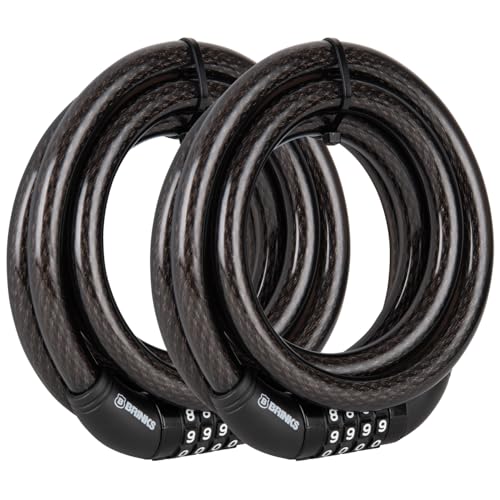 BRINKS 6 ft Outdoor Heavy Duty Bike Lock Cable 2 Pack, Thick, Anti Theft Self-Coiling Design, Resettable 4-Dial Combination, 5/8" Weather-Resistant Vinyl Coating for Bikes