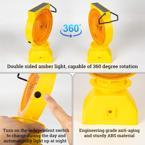 Solar Industrial Warning Lights,Wireless Waterproof Rechargeable Safety Barricade Warning Lights,Traffic Signal Flashing 2 Sided Visibility Amber LED (Amber)