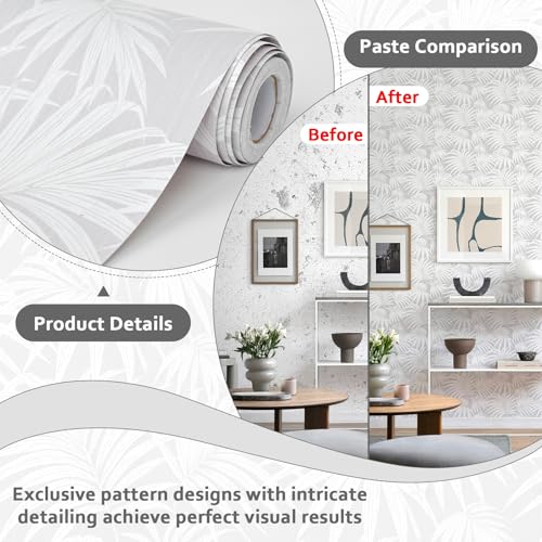 MelunMer Grey Leaf Peel and Stick Wallpaper Boho Gray Contact Paper Self Adhesive Wallpapers Removable Wallpaper for Bedroom/Bathroom Waterproof Modern Contact Paper for Cabinet Palm 78.7In L 17.3In W