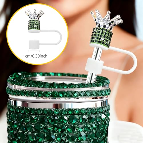 Crown Diamond Straw Topper for Tumblers - Rhinestone Bling Cover, Dark Green