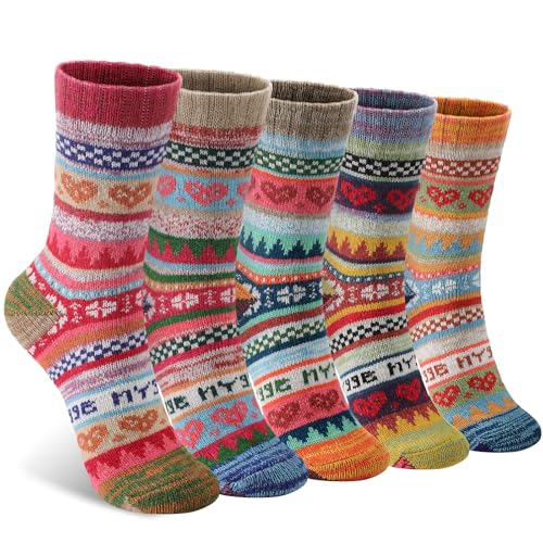 Warm Wool Hiking Crew Socks for Women - 5 Pairs Heart
