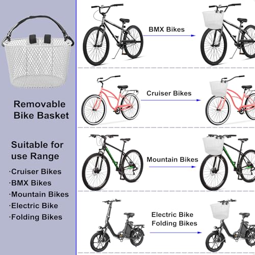 Mkuero White Front Bike Basket Waterproof Metal Wire Bicycle Carrier with Handle