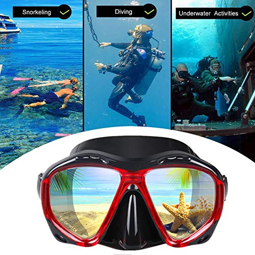 Panoramic Snorkel Diving Mask - Anti-Fog Tempered Glass - Black Red