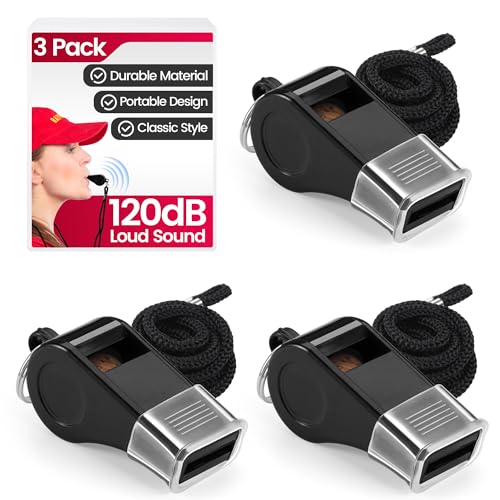 Durable Plastic Whistles with Lanyards - 3 Pack Black