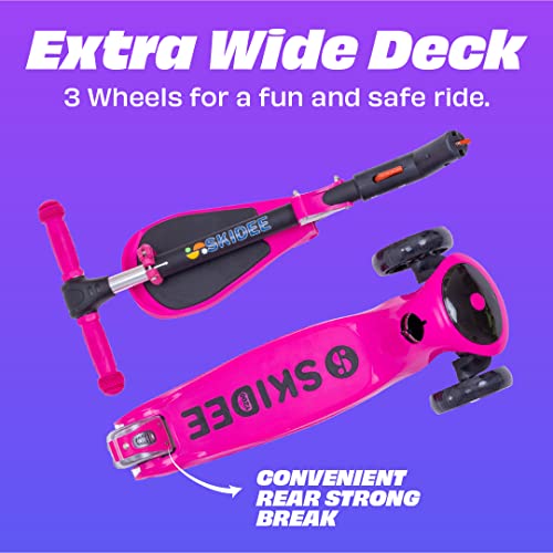 SKIDEE Pink Kick Scooter for Kids 3-5 - Foldable 3-Wheel Lean-to-Steer, Adjustable 25"–33", Removable Seat, LED Light Wheels