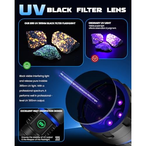 DARKBEAM UV Flashlight 365nm Blacklight 6xLED Black Light, Rechargeable Ultraviolet Flashlights USB -C Powerful 60W Woods lamp, Detector for Rock, Pet Dried Urine, Uranium Glass, Gem, Resin Curing
