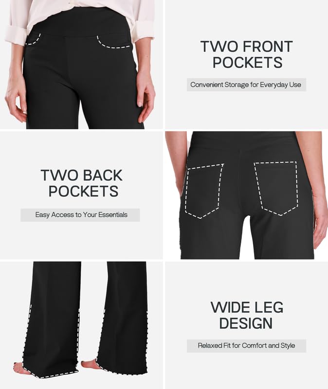 Houmous Wide Leg Cotton Yoga Pants for Women, High Waist, Pockets, 28" Inseam, X-Large, Black