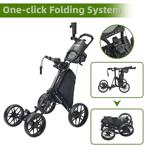 Golf Push Cart 4-Wheel Folding Trolley with Cup Holder & Cooler Bag - Black