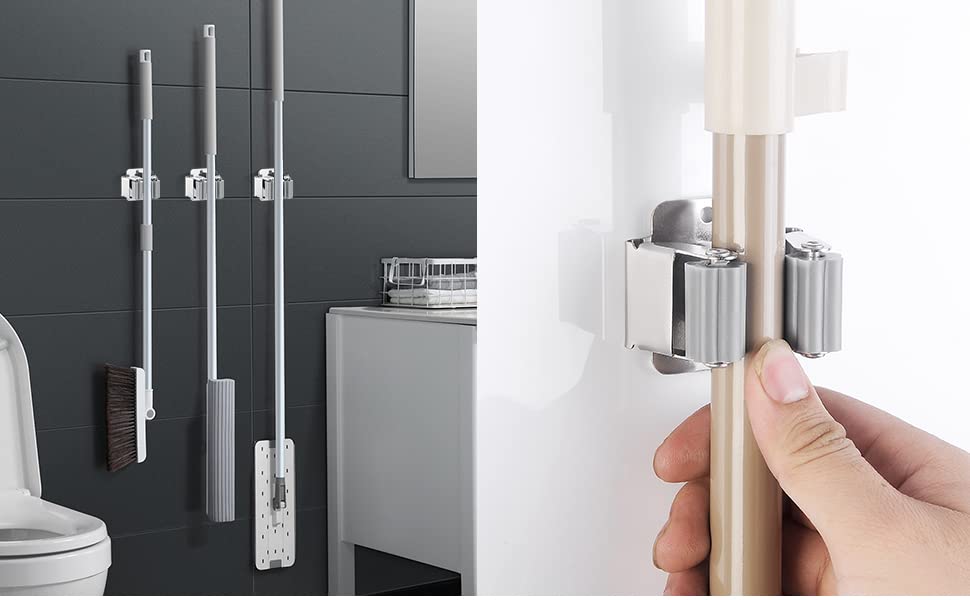 JAMEND CLXP 9PCS Broom and Mop Holder, Heavy Duty Garden Tool Organizer Rack Rake and Shovel Handle, Stainless Steel Mop Hanger. Screws for Wall Mounted. Matte Black