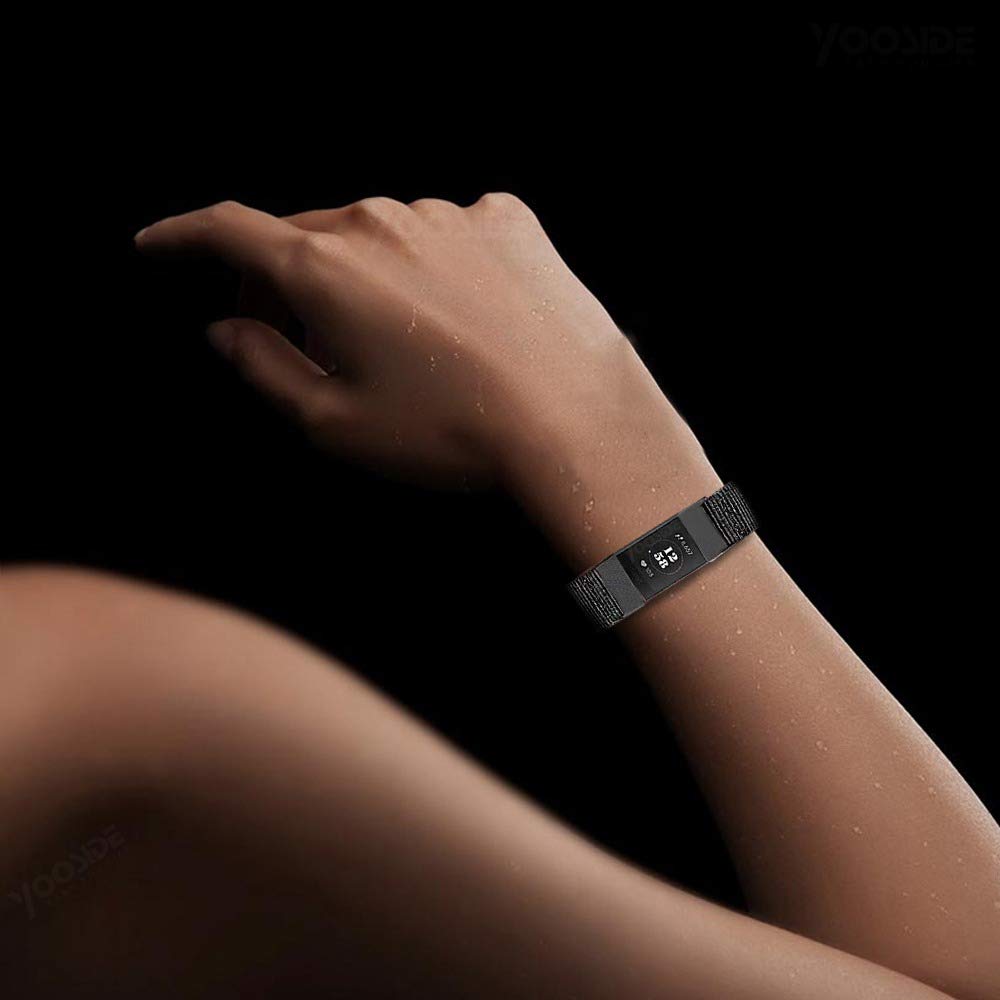 YOOSIDE Nylon Band for Fitbit Charge 3/Charge 4, NOTA Woven Nylon Band with Metal Stainless Steel Ring Wristband Strap for Fitbit Charge 4/4 SE(Black)
