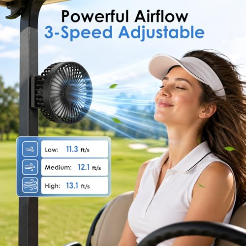 Golf Cart Fan with Magnetic Base - Rechargeable, 3 Speeds, Strong Airflow