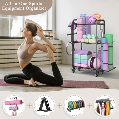 Multi-Functional Home Gym Storage Rack with Wheels - Black