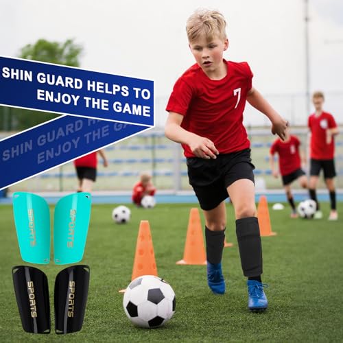 Kids Soccer Shin Guards - 2 Pairs Lightweight Protective Gear - Black+Aqua