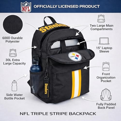 Pittsburgh Steelers Backpack - Triple Stripe Design with Keychain
