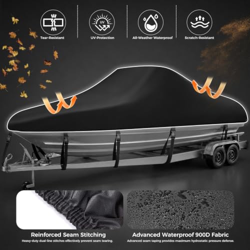 Horonaxo Waterproof Boat Cover 17-19ft V/Hull Tri-Hull with 96in Beam, 900D Heavy Duty