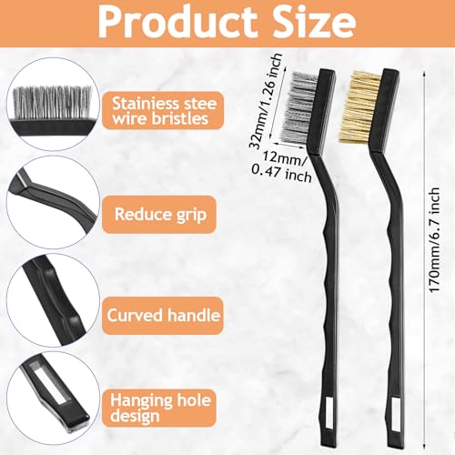 Jeffbaubl 24 Pieces Small Wire Brush, 6.7 Inch Scratch Brushes, 12 Stainless Steel Cleaning Brushes, 12 Brass Brush, Curved Handle Wire Bristle for Cleaning Welding Slag Rust Tool