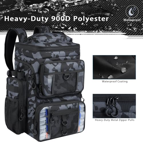 GiMiUiTo 55L Fishing Tackle Backpack with 4 Rod Holders Camouflage Black