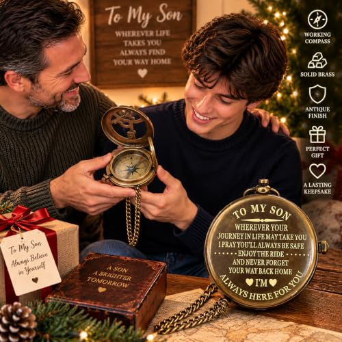 To My Son Compass with Leather Box - Brass 3.5in Personalised Keepsake Gift
