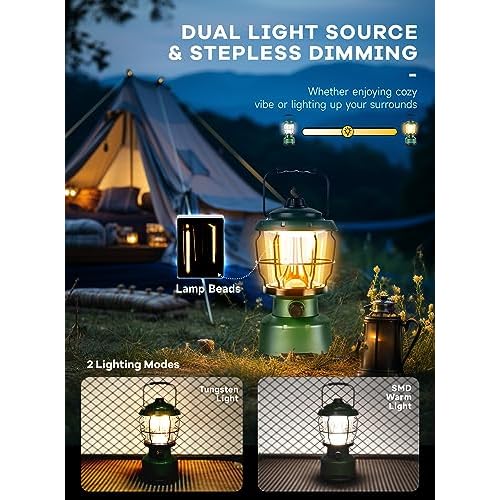 LED Camping Lantern, 2500LM Dimmable Vintage Rechargeable Lantern, Water Resistant Portable Emergency Lights for Camping, Home Power Outage, Hurricane, Hiking