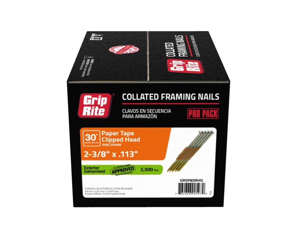 Grip-Rite GRSP8DRHG Clipped Head 2-3/8-inch by .113-inch by 30 Degree Paper Collated Ring Shank Hot-Dip Galvanized Framing Nail, 2,500 per Box