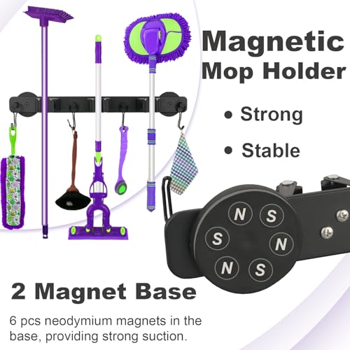 Magnetic Mop Broom Holder, Heavy Duty Magnetic Mop Hanger with Swivel Hooks for Cleaning Tools, Strong Magnet Mount Tool Hanger Organize System Utility Rack for Refrigerators Laundry Garage Kitchen
