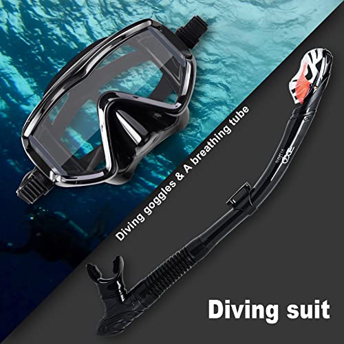 Adult Snorkel Set with 3 Window Mask & Dry Top Snorkel - Black