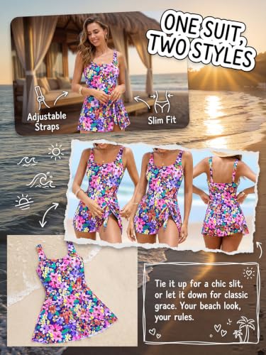 CUPSHE Women's Navy Blue/Magenta One-Piece Swimsuit Self Tie Knot Swim Dress Large