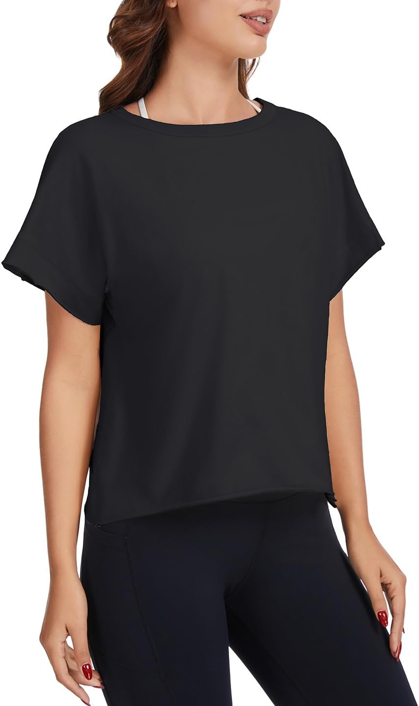 Skiennix Women's Open Back Workout Shirt - Cotton Short Sleeve Crop Top for Yoga & Fitness