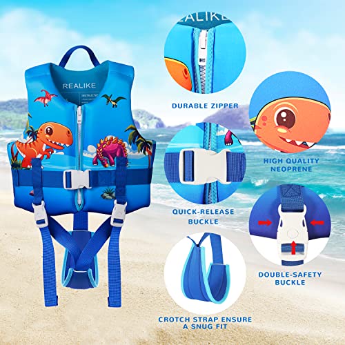 REALIKE Dinosaur Kids Swim Vest for Toddler 6-8 Years Adjustable Safety Strap
