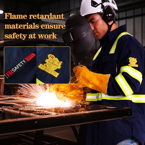 SRsafety Hi Vis FR Shirts for Men,7.0oz Long Sleeve FR Work Shirts,100% Cotton High Visibility Fire Shirt