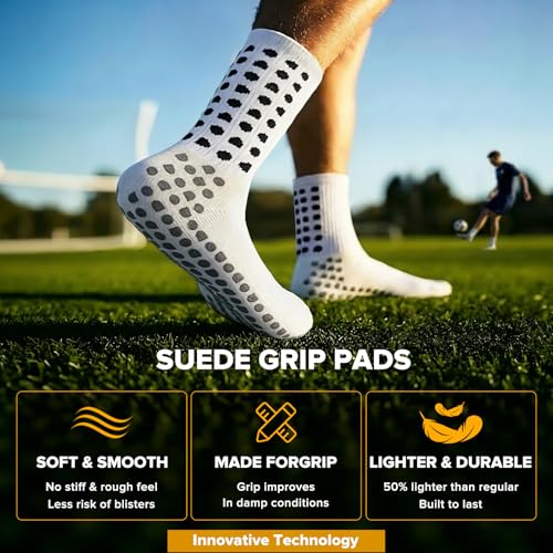 Yufree Soccer Grip Socks - Ultra Traction, 4 Pairs, One Size White