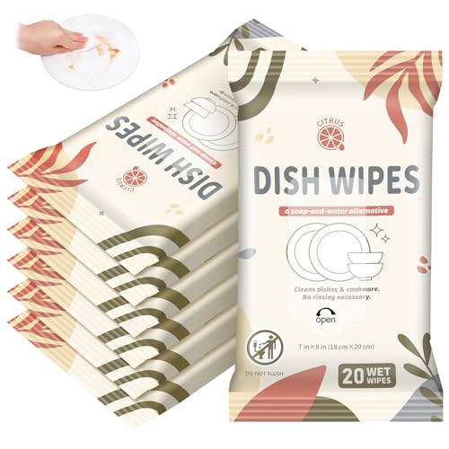 Threlaco 7 Pack Camping Dish Wipes - Travel Dish Cleaning Essential, 20 Wipes per Pack