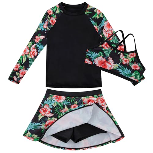 Girls Long Sleeve Swim Shirt 3 Piece Rash Guard Set - Black, 13-14 Years