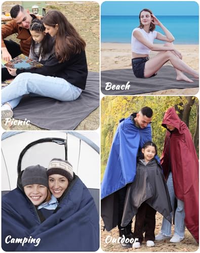 DUKUSEEK Black Waterproof Hooded Stadium Blanket - Large Outdoor Wearable Fleece for Camping Beach Sports