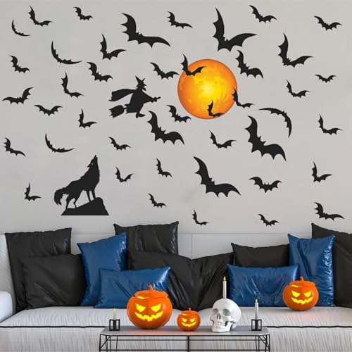 Halloween Moon Wall Decals Witch Bats Decal Removable Peel and Stick Wolf Wall Decals Halloween Party Supplies Decorations