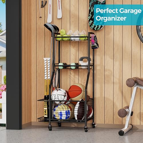 Cerlyunzan 17" Wide 3-Tier Sports Equipment Storage Rack with Wheels