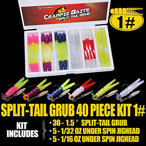 XFISHMAN Split-Tail Grub Kit 40 pcs. for Crappie & Panfish Fishing - Model THIS listing