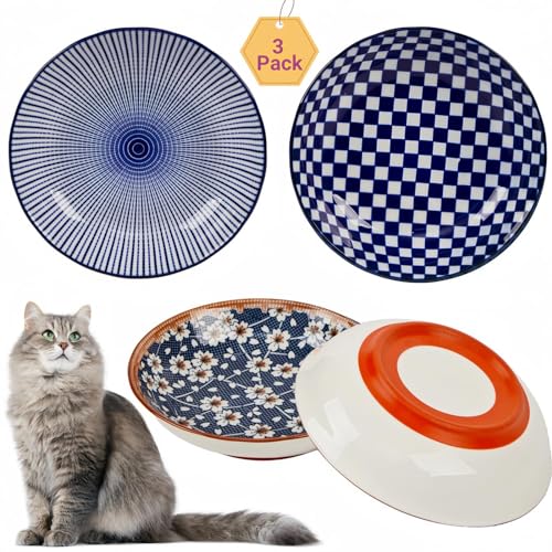 Blue Ceramic Cat Food Bowls Set of 3 - Whisker Friendly, Non-Slip, 8oz