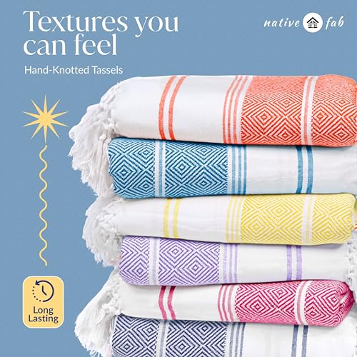 Native Fab Mediterranean Diamond Beach Towels 6-Pack - Soft, Quick Dry, Sand-Free, Oversized Cotton Pool Towels for Adults & Travel