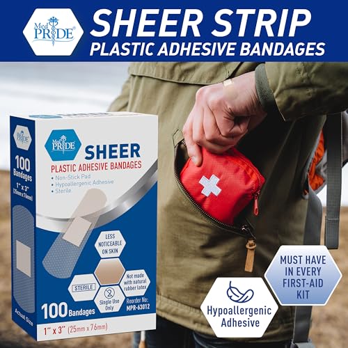 Sheer Adhesive Bandages for Sensitive Skin, Sterile 1" x 3" - 100 Count