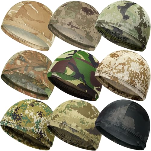 Jeere 9 Pcs Camouflage Cooling Skull Cap Liner for Men Cycling - Sweat Wicking, Breathable Headwear
