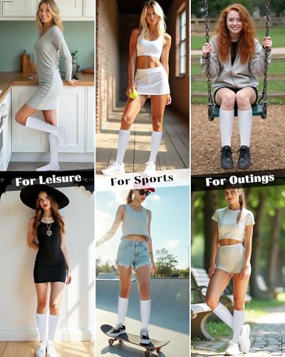 Senker Fashion Large White Cotton Knee High Socks 4 Pairs for Women