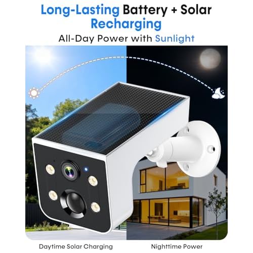 Solar Powered Wireless Outdoor Security Camera: 2K, Color Night Vision, PIR Motion Alerts, IP67, Easy No-Wiring Setup, Long Battery Life, Optional Subscription