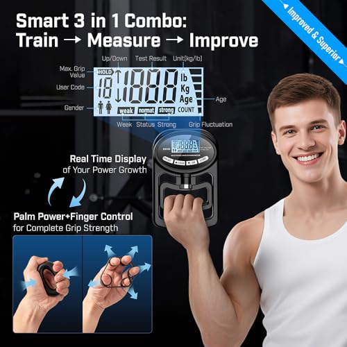 Grip Strength Tester - Digital Dynamometer with Trainer, 265 Lbs, Black