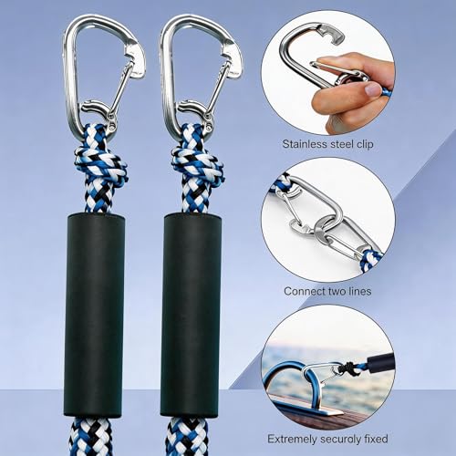 Manifish Bungee Dock Lines for Boats - 2 Pack, 2ft, Stainless Steel Clips