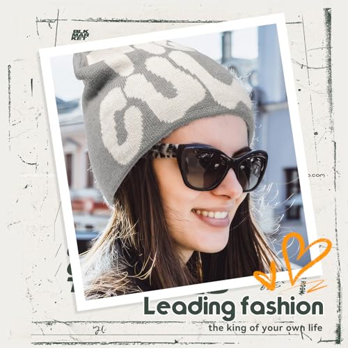 Y2K Graphic Beanie Hat for Women - Knit Skull Cap, Gray